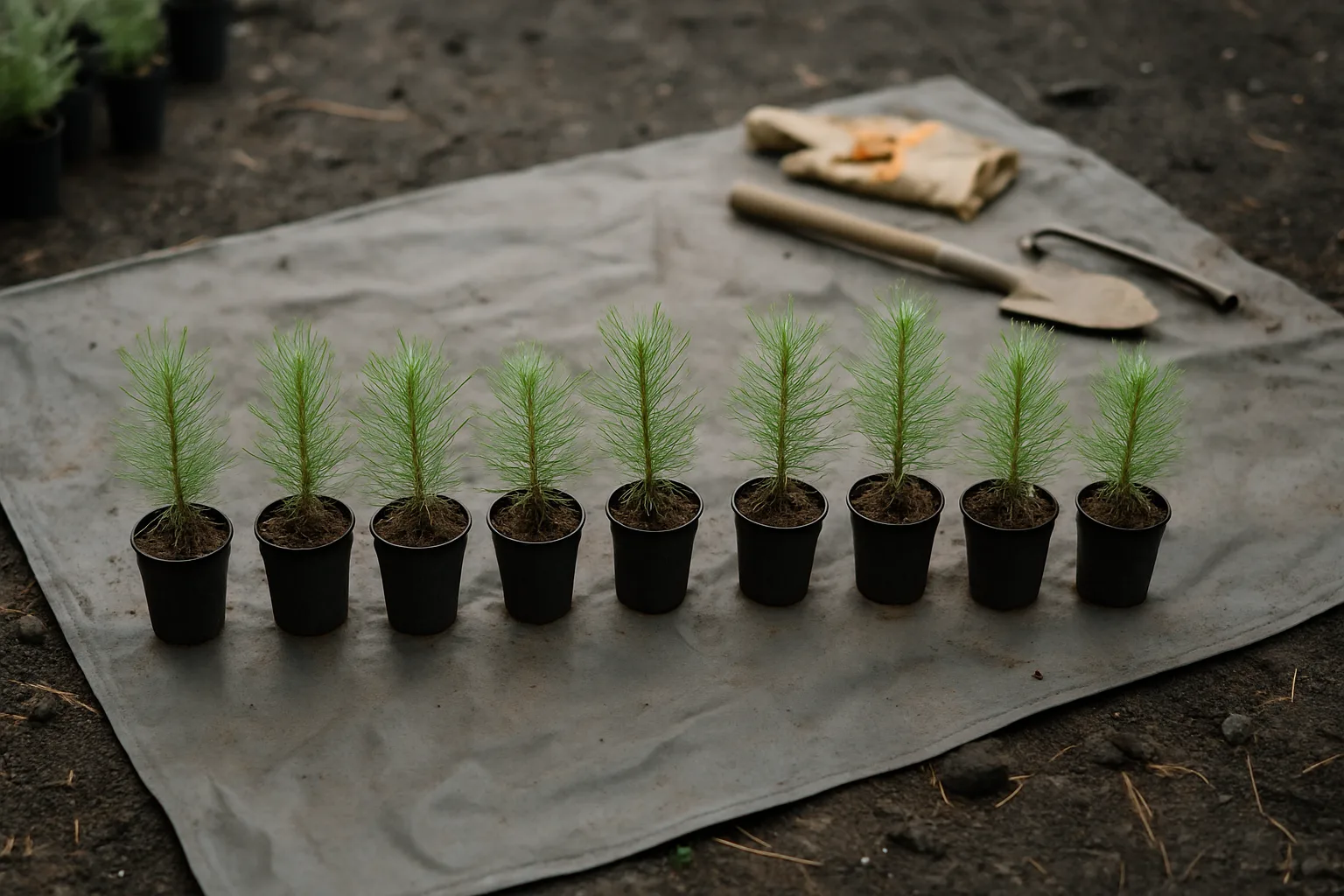 Hands setting a sapling into volcanic soil